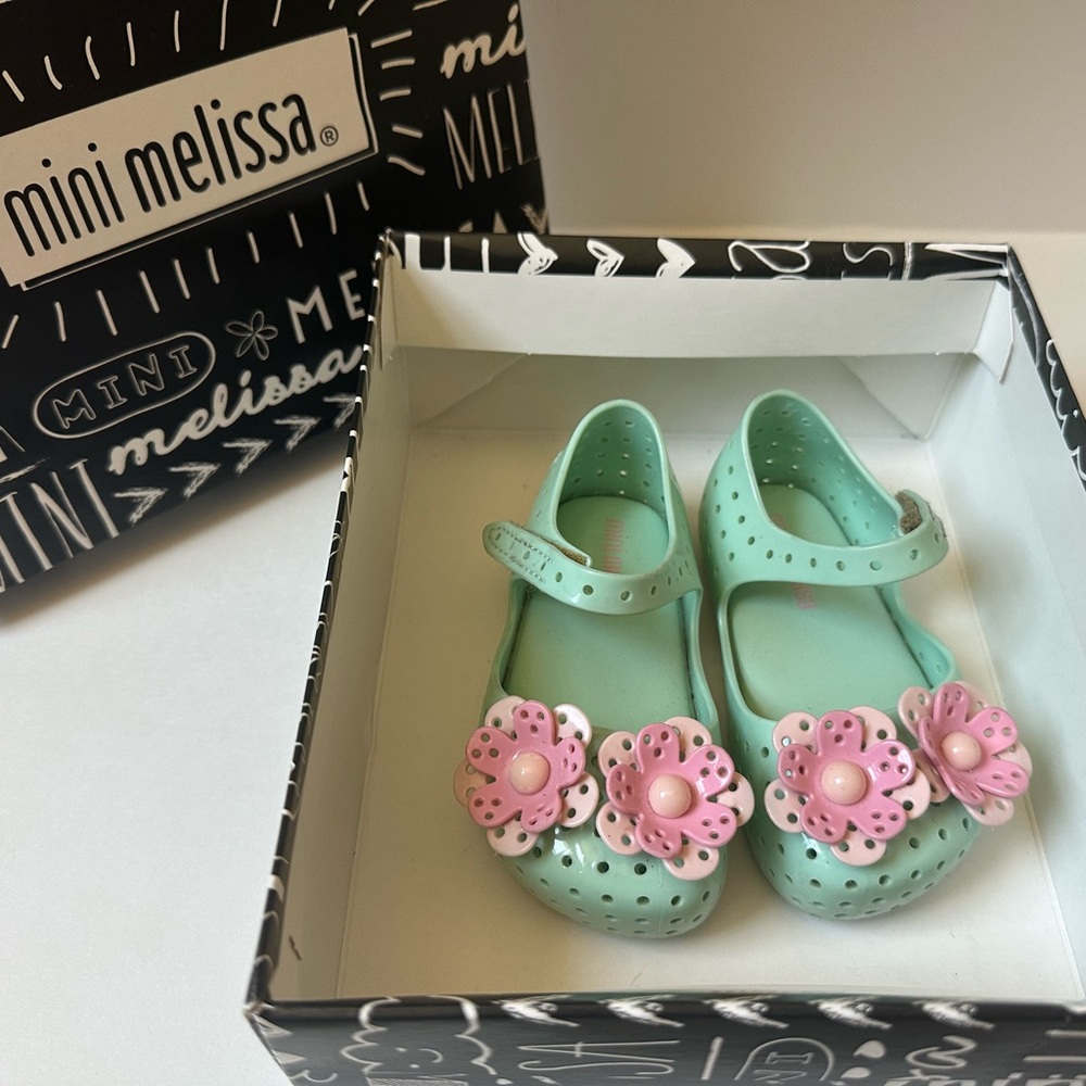 Mini Melissa Green and Pink Dress Shoes with Floral Accents